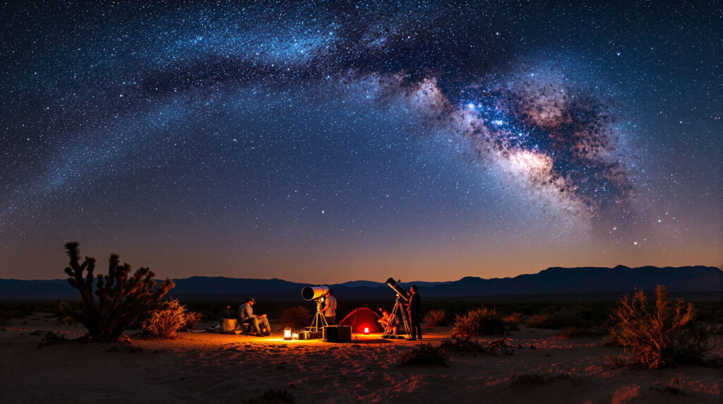 Starry night scene in a desert landscape with the Milky Way arching across the sky. In the foreground, a group of people is engaged in stargazing with telescopes set up near a small camping area. A red tent glows softly, and bushes and silhouetted trees are scattered around. The mountains are visible in the distance under the clear, starlit sky. Warm lights create a cozy atmosphere in the sandy terrain.