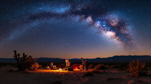Starry night scene in a desert landscape with the Milky Way arching across the sky. In the foreground, a group of people is engaged in stargazing with telescopes set up near a small camping area. A red tent glows softly, and bushes and silhouetted trees are scattered around. The mountains are visible in the distance under the clear, starlit sky. Warm lights create a cozy atmosphere in the sandy terrain.