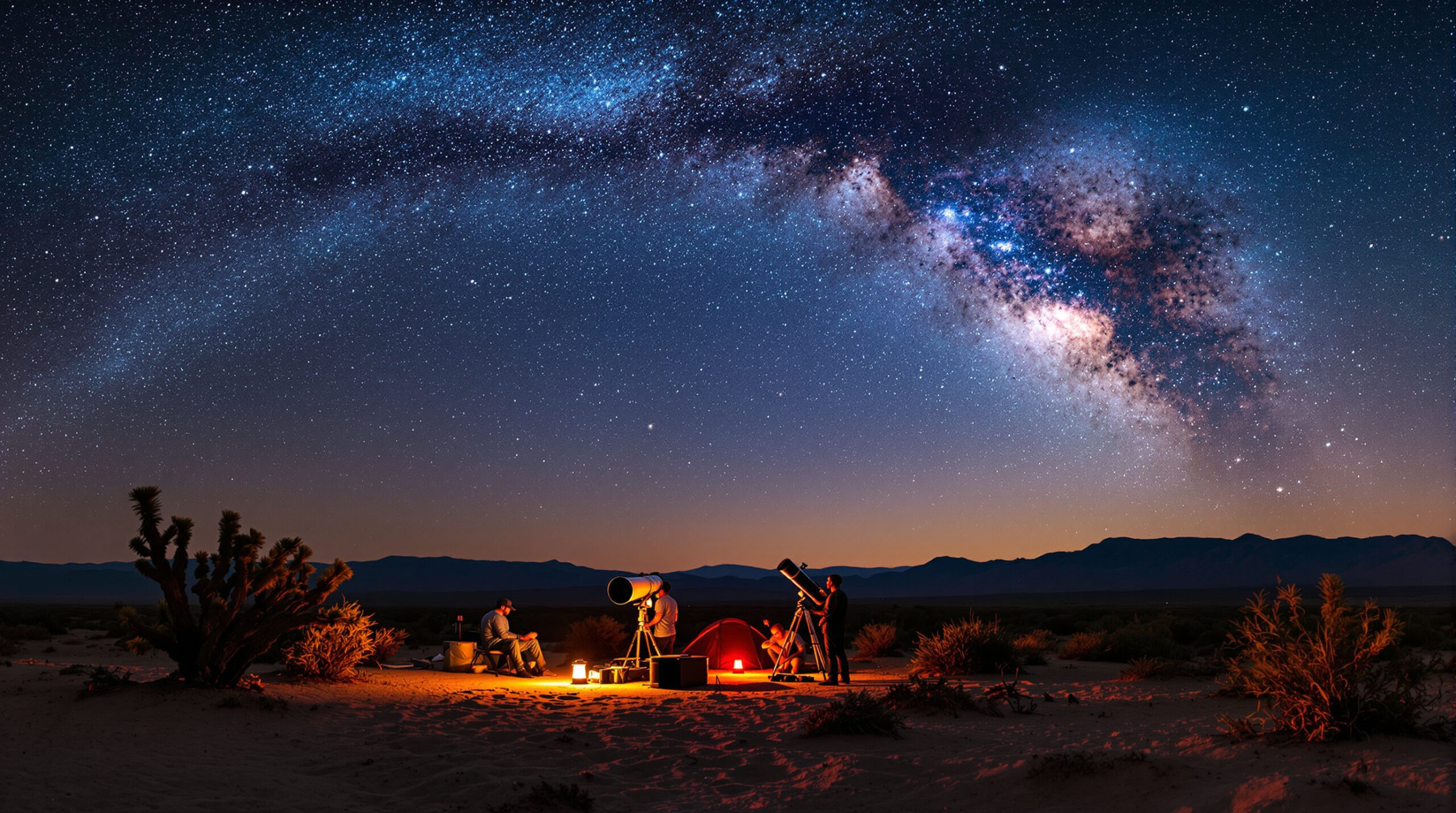 Starry night scene in a desert landscape with the Milky Way arching across the sky. In the foreground, a group of people is engaged in stargazing with telescopes set up near a small camping area. A red tent glows softly, and bushes and silhouetted trees are scattered around. The mountains are visible in the distance under the clear, starlit sky. Warm lights create a cozy atmosphere in the sandy terrain.