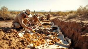 Four people in light-colored clothing and wide-brimmed hats are kneeling in a desert setting. They are engaged in sorting and examining objects that resemble pottery shards or artifacts, spread out on a white cloth in a shallow trench. The surrounding landscape is arid with sparse vegetation and distant mountains under a clear blue sky. The sunlight casts distinct shadows, suggesting it's early morning or late afternoon.