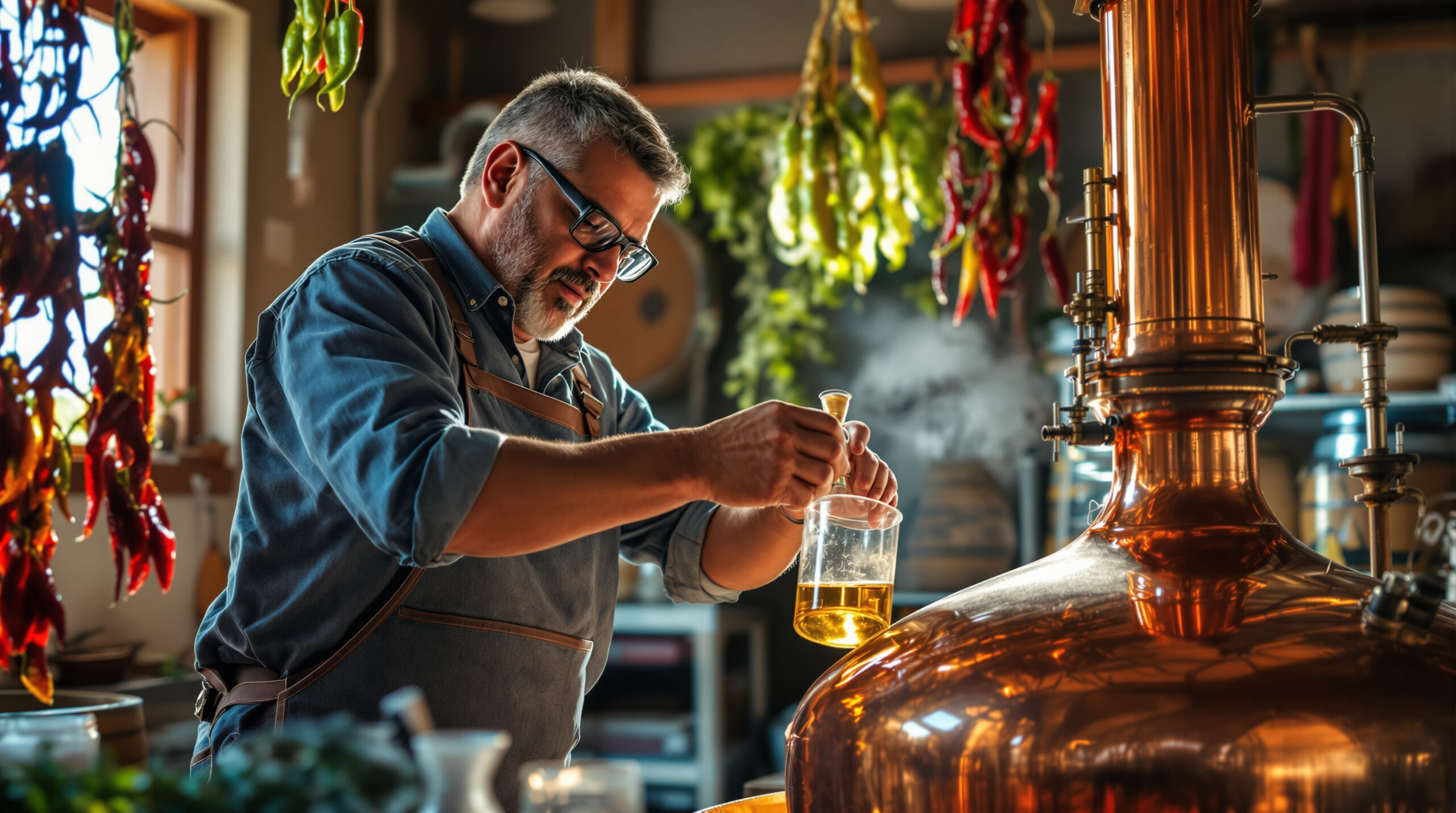 Hispanic distiller pouring chile-infused vodka from copper still in sunlit artisanal distillery with hanging red and green chile peppers and oak barrels in the background
