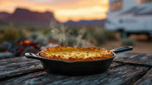 A freshly baked quiche sits in a black, cast-iron skillet on a rustic wooden picnic table. The quiche has a golden, crispy crust with visible herbs on top, and gentle steam rises from it, indicating it's hot. The outdoor setting includes a blurred background of a campfire and an RV, set against the backdrop of a picturesque sunset with distant mountain silhouettes.