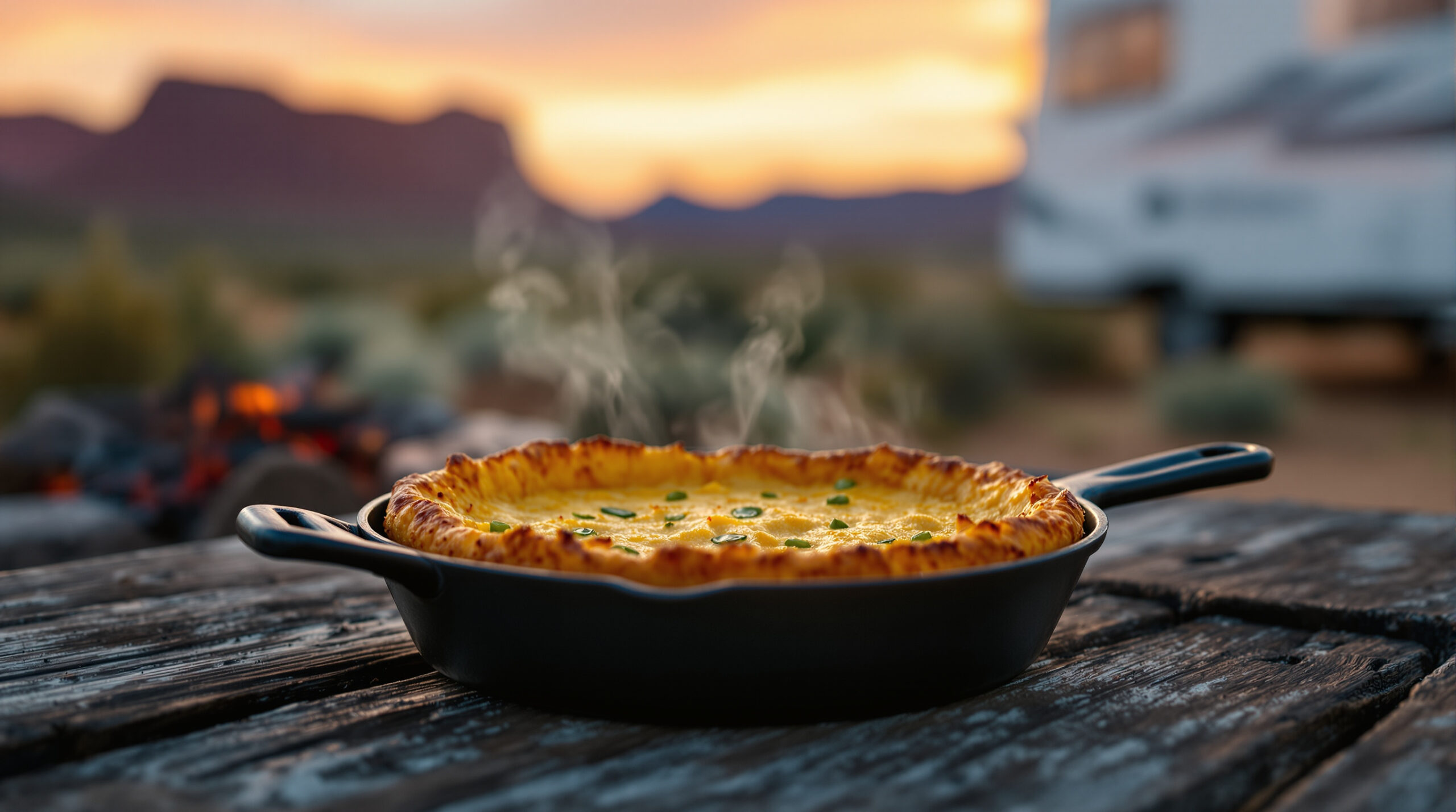 A freshly baked quiche sits in a black, cast-iron skillet on a rustic wooden picnic table. The quiche has a golden, crispy crust with visible herbs on top, and gentle steam rises from it, indicating it's hot. The outdoor setting includes a blurred background of a campfire and an RV, set against the backdrop of a picturesque sunset with distant mountain silhouettes.