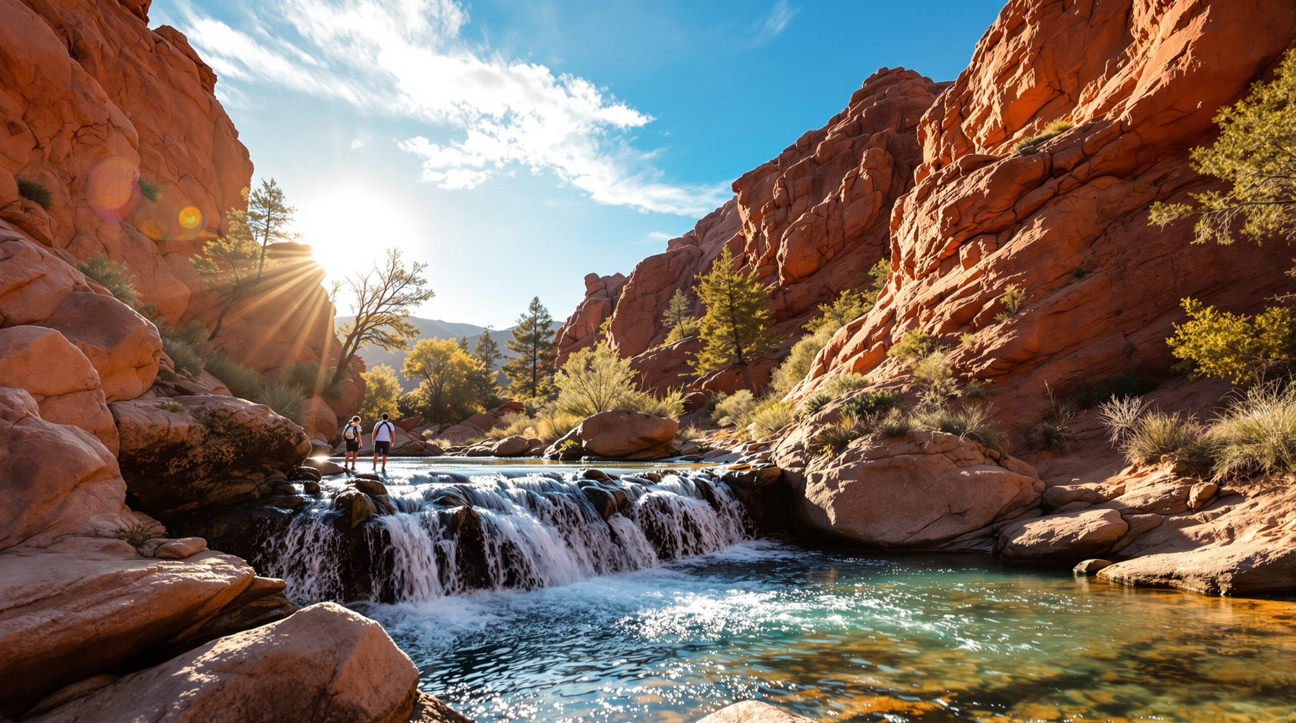 Two people stand on rocks by a small waterfall in a scenic canyon. The waterfall flows gently into a clear, blue pool surrounded by reddish-brown rock formations. Sunlight illuminates the sky, casting rays over the rocky cliffs and sparse vegetation, creating a warm and vibrant scene. Trees dot the landscape, adding greenery to the rugged, natural beauty of the canyon.