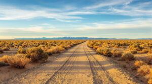 A wide desert landscape bathed in golden light, featuring a long, straight dirt road stretching into the distance. The road is surrounded by sparse desert vegetation, including dry bushes and grasses. In the background, a distant mountain range under a vast, clear blue sky with wispy clouds enhances the sense of open space and remoteness. The scene evokes a sense of tranquility and adventure.