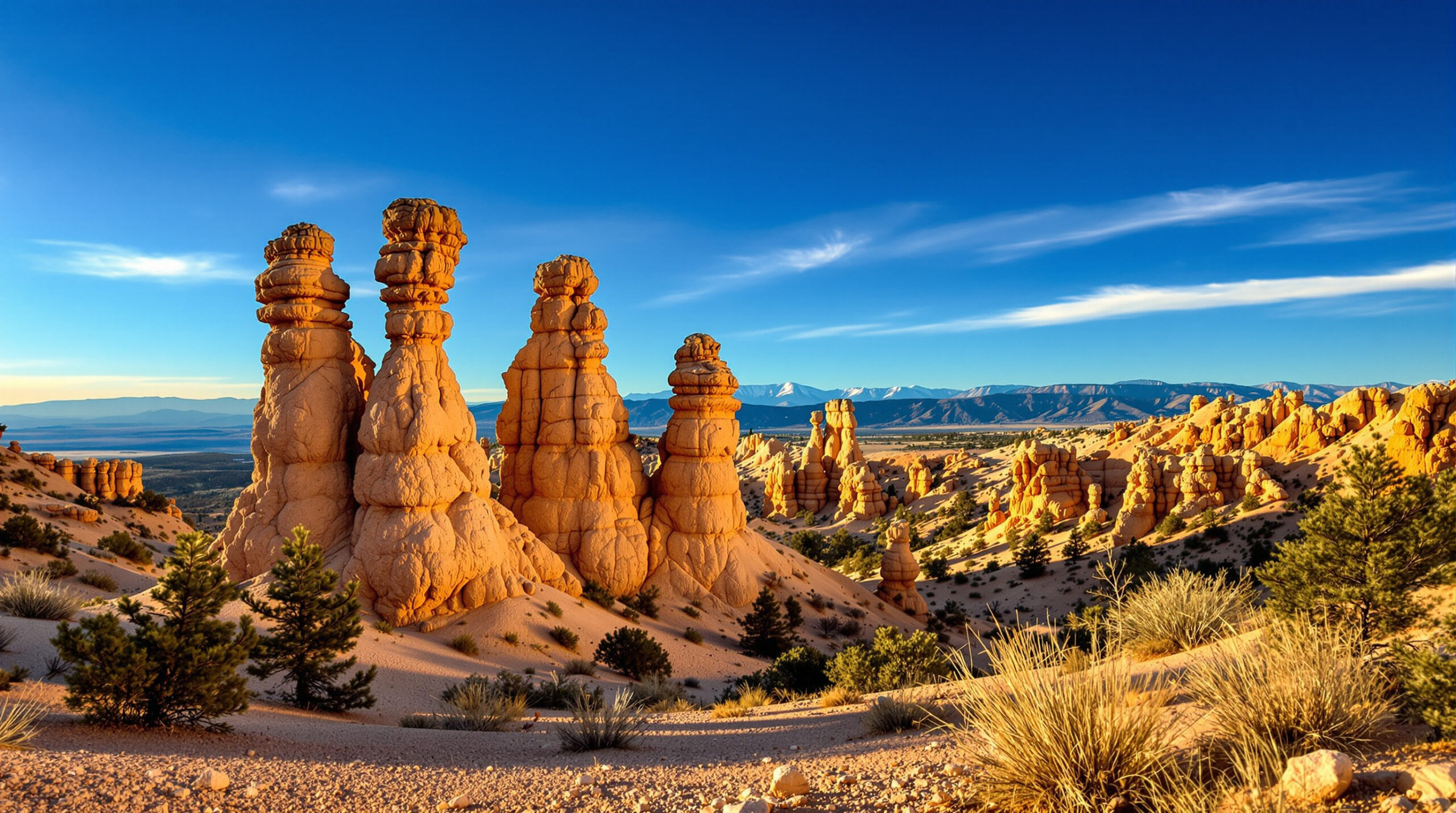 Desert landscape featuring tall, orange-red rock formations known as hoodoos, set against a clear blue sky. The foreground shows sparse vegetation, including small pine trees and dry grasses. In the distance, more hoodoos extend across the terrain, and a range of mountains is visible on the horizon under soft, white clouds.