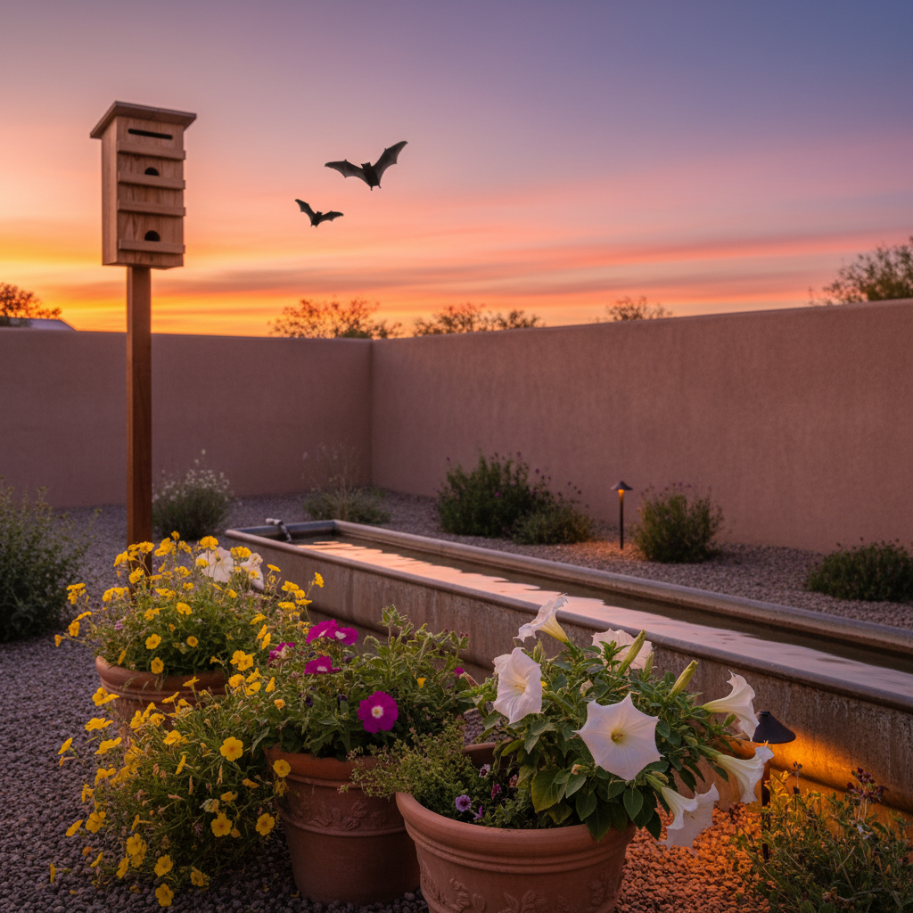 A tranquil garden scene at sunset, featuring a tall wooden bat house on a pole in the left background, with three bats flying nearby. The sky is vibrant with hues of orange, pink, and purple. In the foreground, there are large terracotta pots filled with blooming flowers in shades of yellow, pink, and white. A narrow water feature stretches along the gravel ground, reflecting the warm tones of the sunset. A simple stucco wall encloses the garden area, with soft garden lights illuminating the space.