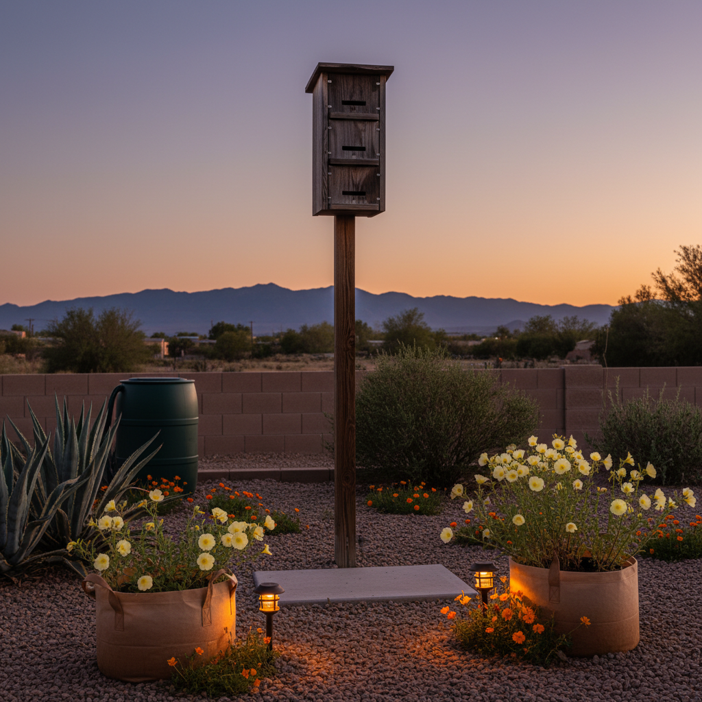 A serene garden scene at sunset features a tall wooden bat house mounted on a pole in the center. Below, two beige fabric pots are filled with blooming yellow and white flowers, surrounded by scattered orange blossoms on a gravel path. Small solar lights illuminate the pots, casting a warm glow. In the background, an agave plant and a green rain barrel are visible, with a low brick wall and a vast landscape of bushes and trees extending towards a distant mountain range under a clear dusk sky.