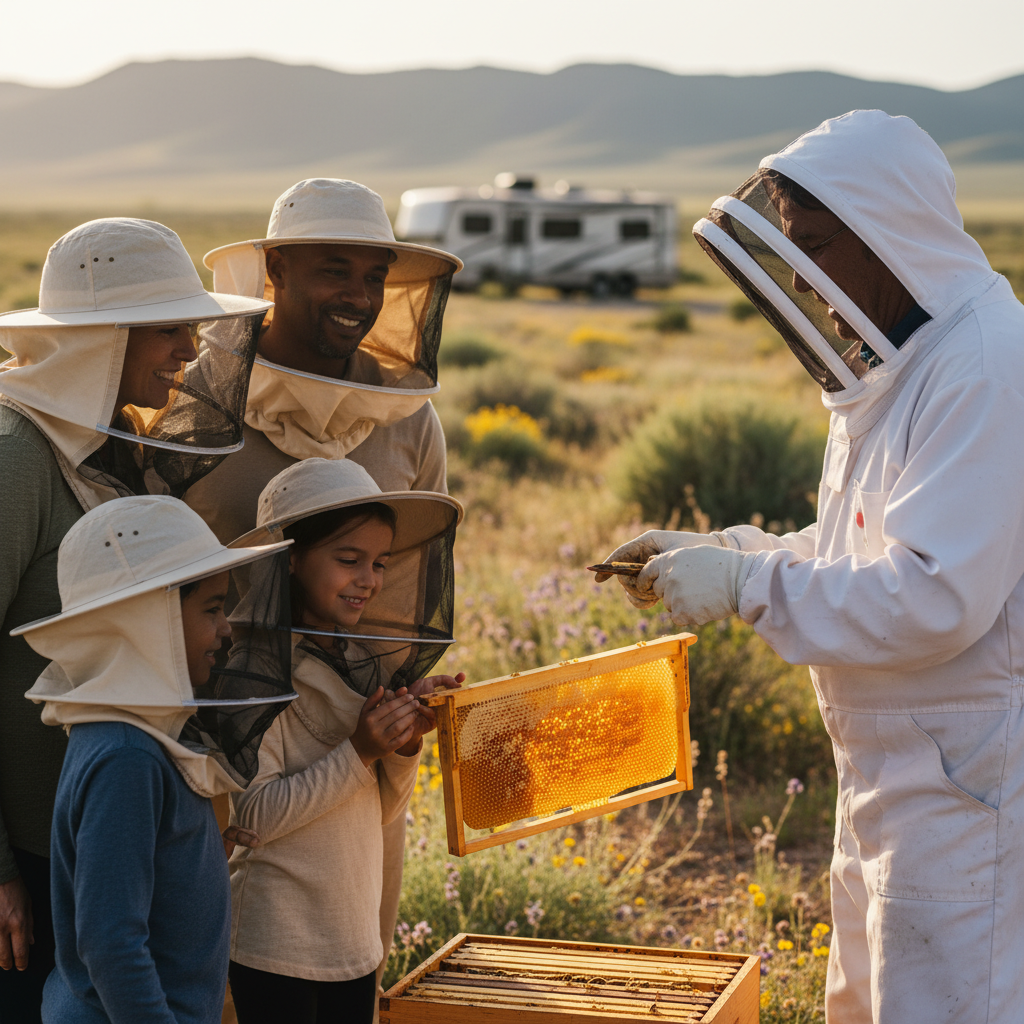 A diverse family and two retirees wearing beekeeping veils watch a beekeeper hold a honeycomb frame in a desert landscape with wildflowers and an RV parked in the background, under warm morning sunlight.