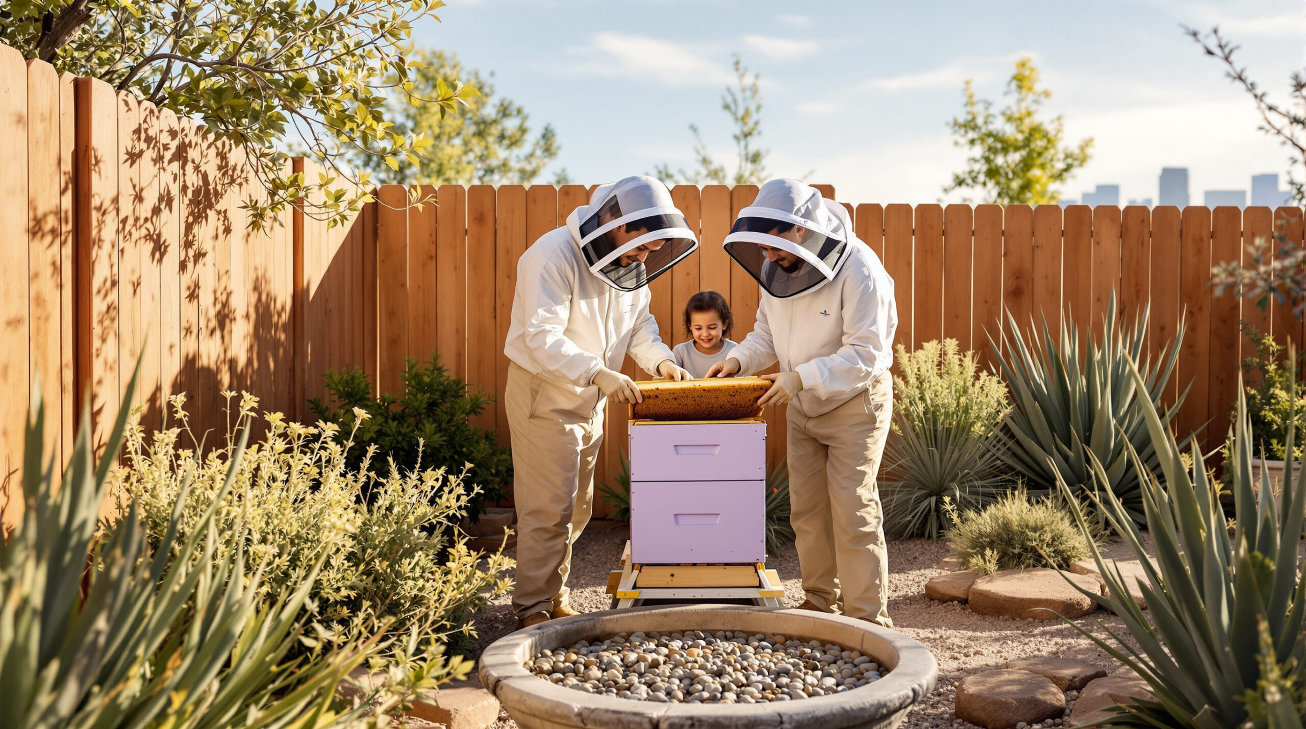 Two people wearing beekeeping suits with mesh veils are inspecting a beehive in a garden. A smiling child stands between them, observing the activity. The hive is painted in pastel colors. The setting is a fenced backyard with a variety of plants, including agave and shrubs, and there’s a round stone-filled container in the foreground. The sky is clear and sunny, casting soft shadows on the wooden fence.