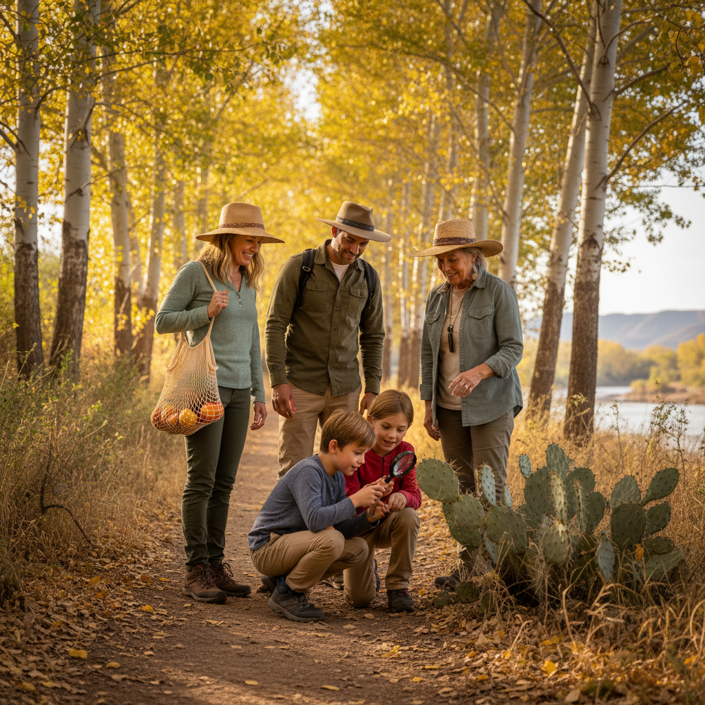 A family of five enjoys a nature walk along a tree-lined dirt path bordered by tall, golden-leaved trees. The adults, wearing casual outdoor clothing and hats, stand smiling while observing two children crouched by a cactus. The children are examining something with a magnifying glass, engaged in exploration. One adult holds a mesh bag filled with apples, suggesting a day out in nature. The scene conveys a warm, autumnal atmosphere with sunlight filtering through the trees, creating a serene and joyful outdoor family experience.