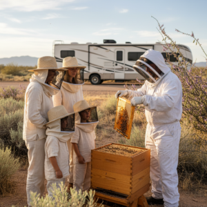 Four people, including three children and one adult, are gathered around a beekeeper in a protective suit and veil. The beekeeper is holding a frame from a beehive filled with bees. All individuals are dressed in light protective clothing with wide-brimmed hats and veils. They appear to be in a rural area with bushes and a large recreational vehicle in the background, against a backdrop of distant mountains under a clear sky.