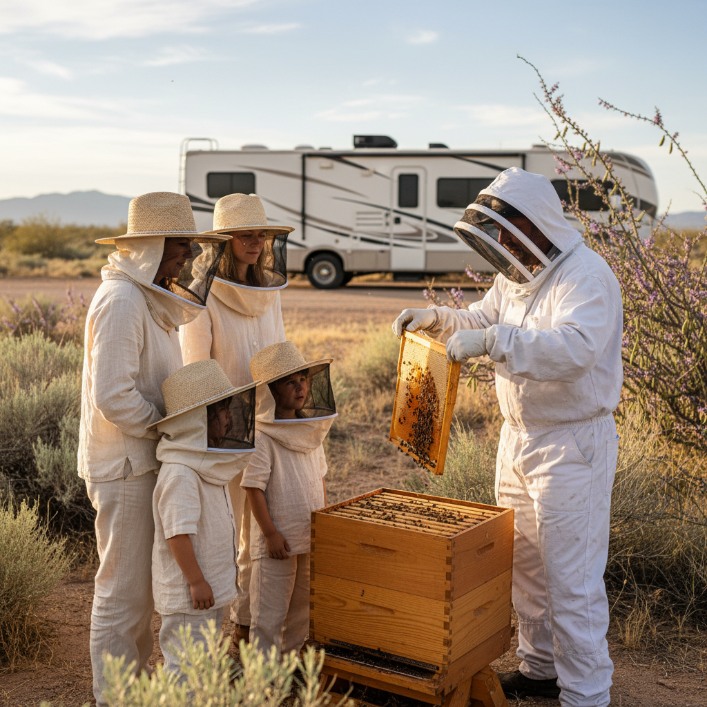 Four people, including three children and one adult, are gathered around a beekeeper in a protective suit and veil. The beekeeper is holding a frame from a beehive filled with bees. All individuals are dressed in light protective clothing with wide-brimmed hats and veils. They appear to be in a rural area with bushes and a large recreational vehicle in the background, against a backdrop of distant mountains under a clear sky.