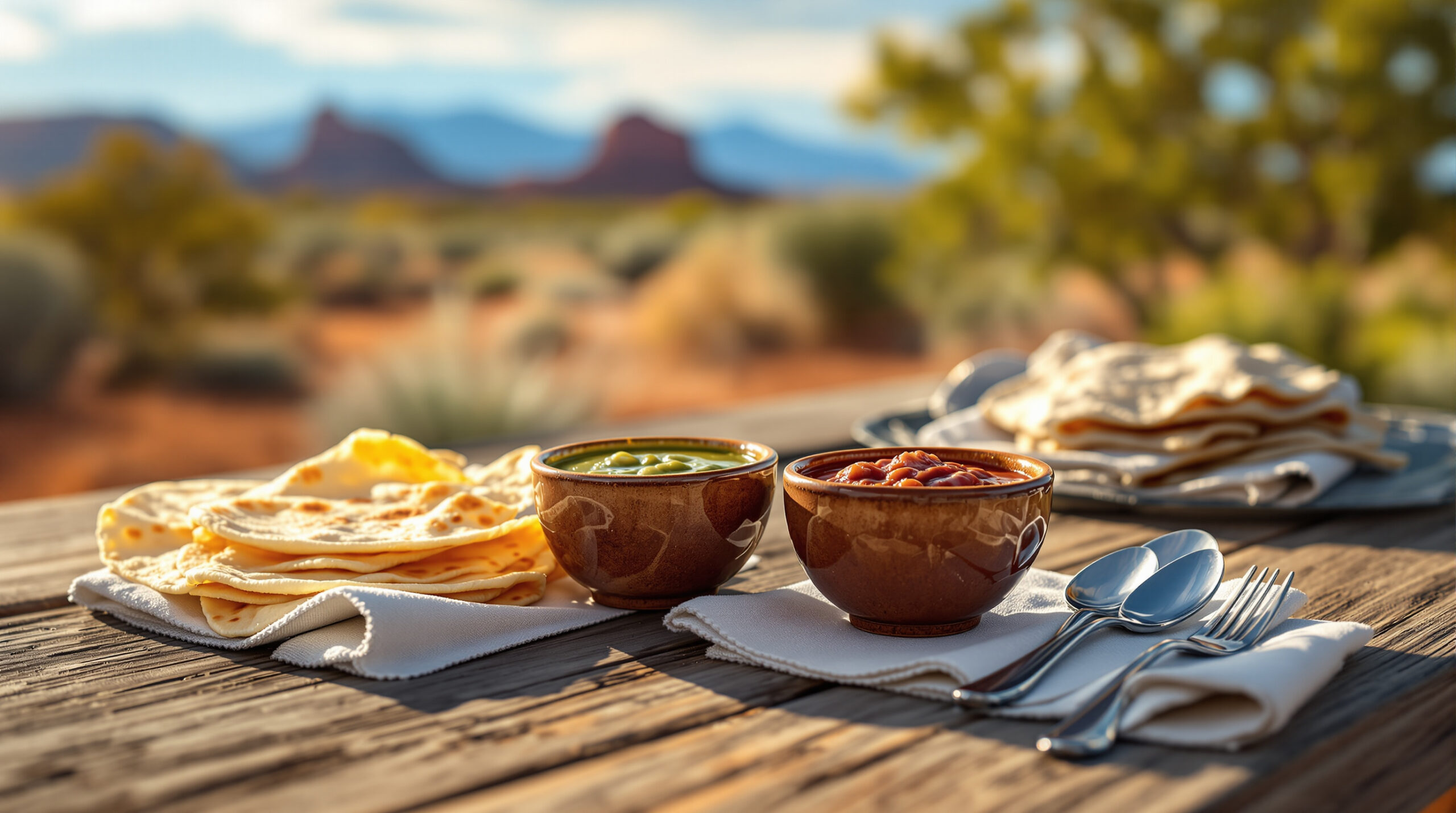 The image shows a rustic outdoor dining setup on a wooden table with a desert landscape in the background. On the table are two sets of stacked flatbreads placed on cloth napkins. Between them are two brown ceramic bowls containing green and red sauces. The sun casts a warm glow, highlighting the textures of the bread and the rich colors of the sauces. In the foreground, utensils are neatly arranged on another napkin, adding to the inviting, serene ambiance of an al fresco meal in a picturesque setting. The blurred background reveals soft-focus desert shrubs and distant reddish rock formations under a blue sky, emphasizing the natural, scenic environment.