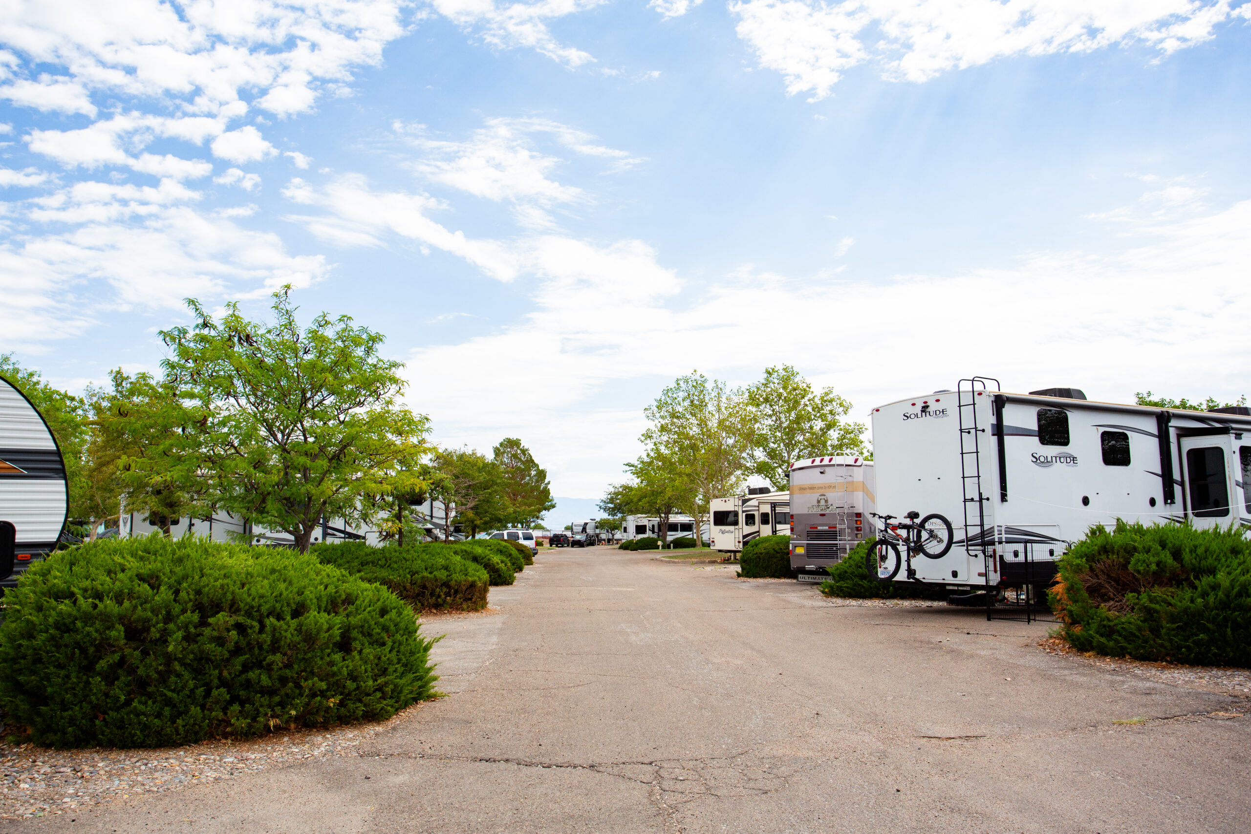 A paved campground road lined with green bushes and trees under a partly cloudy sky. Several large RVs and travel trailers are parked along both sides of the road. One visible RV has a bike mounted on the back, while some other vehicles are partially visible in the distance. The scene suggests a peaceful and spacious outdoor setting.