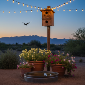 A serene desert scene at dusk features a wooden birdhouse mounted on a pole, adorned with circular entry holes. Above, string lights are suspended across the sky, casting a warm glow. Below, several terracotta pots display an array of colorful flowers, predominantly yellow and pink. In the foreground, a shallow metallic birdbath contains still water. In the background, silhouetted mountains and sparse desert vegetation are visible under a clear twilight sky, where a silhouette of a flying bat is captured against the horizon.