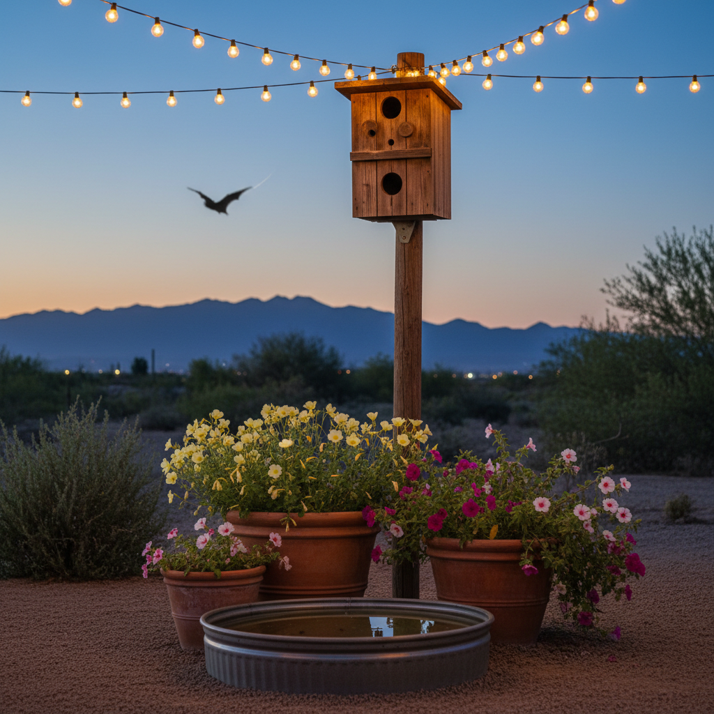 A serene desert scene at dusk features a wooden birdhouse mounted on a pole, adorned with circular entry holes. Above, string lights are suspended across the sky, casting a warm glow. Below, several terracotta pots display an array of colorful flowers, predominantly yellow and pink. In the foreground, a shallow metallic birdbath contains still water. In the background, silhouetted mountains and sparse desert vegetation are visible under a clear twilight sky, where a silhouette of a flying bat is captured against the horizon.