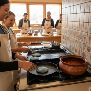 Hands flipping blue-corn pancakes in a teaching kitchen with Pueblo pottery decor