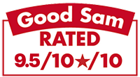 Red and white graphic displaying "Good Sam Rated 9.5/10★/10.