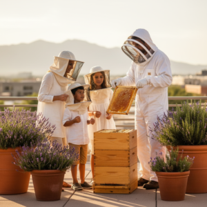 A group of four people, including two children, are engaged in beekeeping on a rooftop. They are all wearing protective white clothing and veils. The beekeeper, on the right, is holding a honeycomb frame near several wooden beehive boxes. The setting provides a scenic view of a mountainous landscape in the background. Large terracotta pots filled with blooming lavender surround the area, adding a touch of natural beauty to the scene. The sunlight casts a warm glow, creating a serene and educational environment.