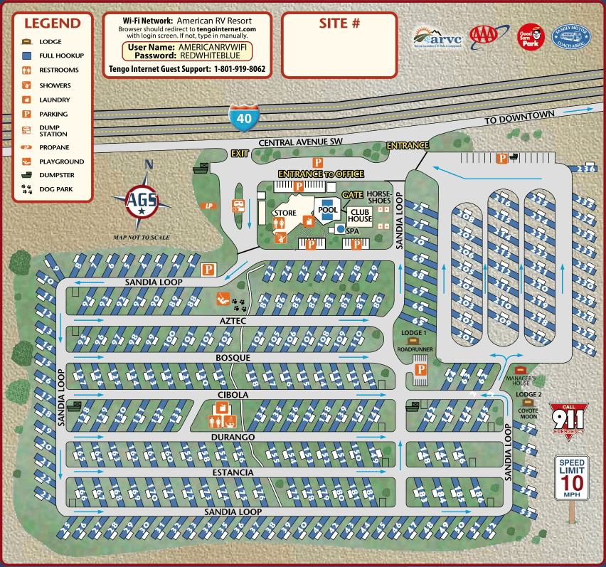Map of American RV Resort showing labeled roads, parking sites, amenities like pool, clubhouse, laundry, restrooms, and dog park, plus legend, contact info, and Wi-Fi details.